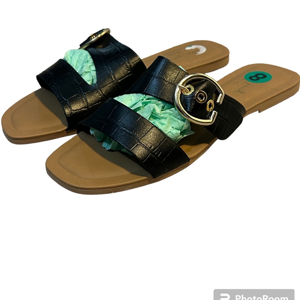 NWT Mila Paoli Black Leather Slides Flat Buckle Sandals SZ 8
